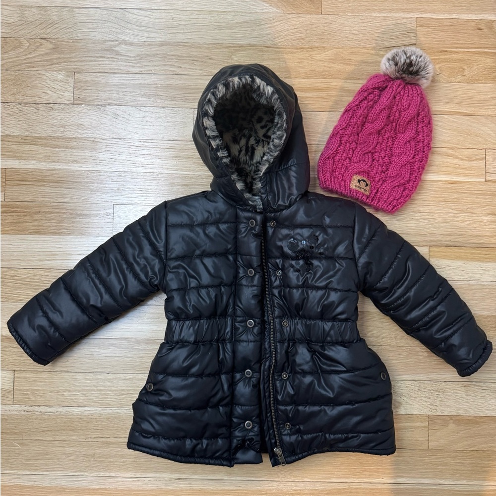 Neiman Marcus Eliane et Lena Girls Sz 2A BLK Coat w/Cheetah Hood & Appaman Hat